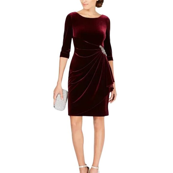 Alex Evenings NWT Wine Velvet Ruched Beaded 3/4 Sleeve Cocktail Dress Size 14 - Picture 1 of 10